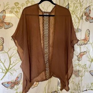 Brown Open Front lace Kimono with embroidered Trim